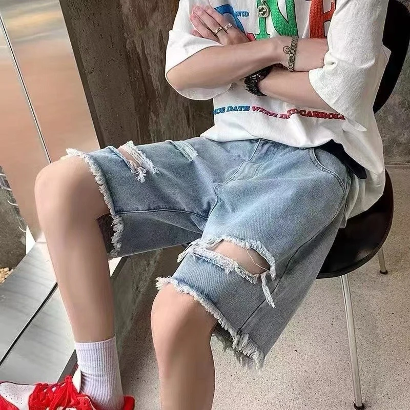 Summer Men's Denim Shorts Retro Ripped Hong Kong Fashion Loose Wide Leg Knee Length Versatile Street Style Cool Trendy Outfit