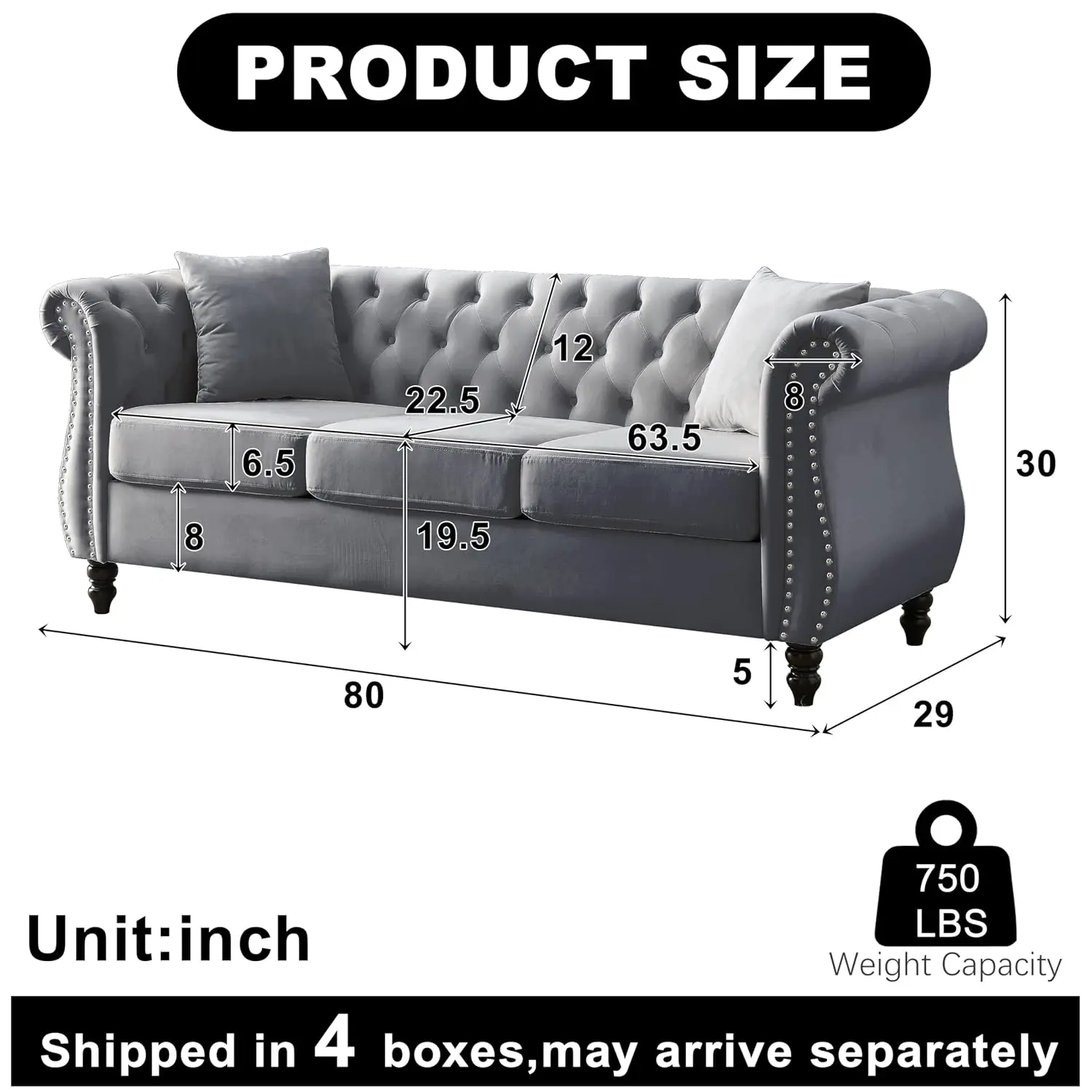 Modern Grey Velvet 3-Seater Sofa & Loveseat Set, Tufted Backrest, Rolled Nailhead Arms, 4 Pillows, Living Room, Customized