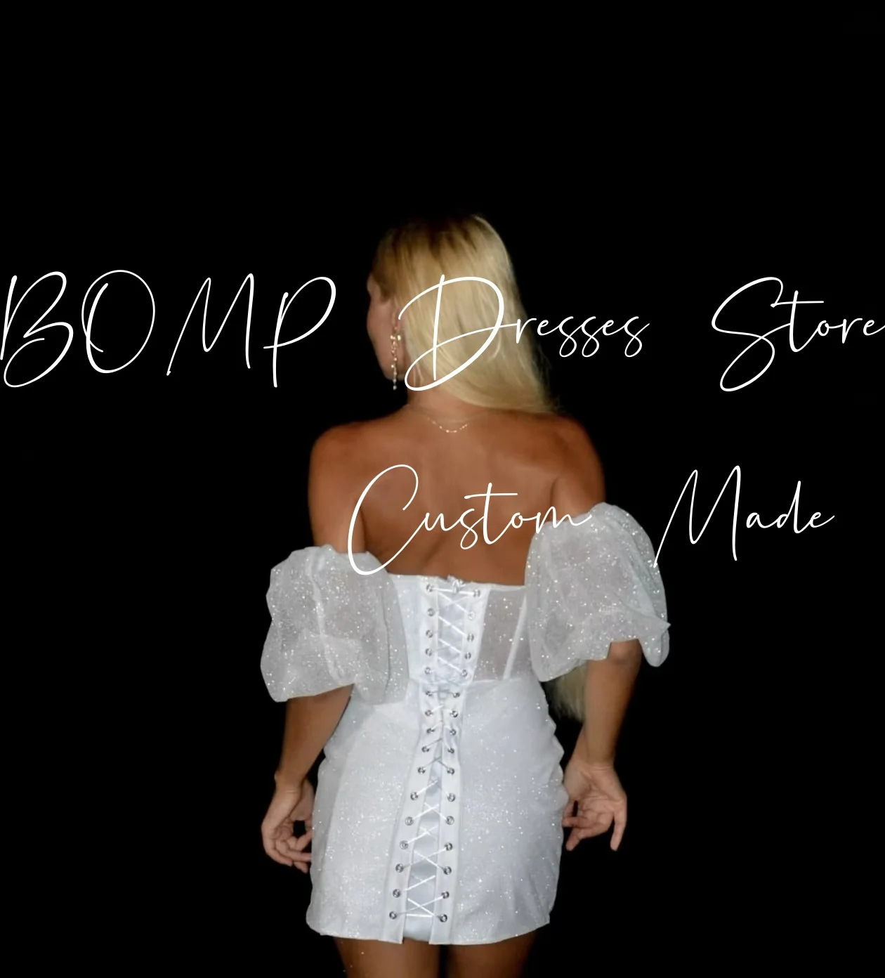 BOMP Elegante abito da cerimonia nuziale bianco con spalle scoperte maniche corte corsetto raso lucido occasione speciale abito corto da ballo personalizzato