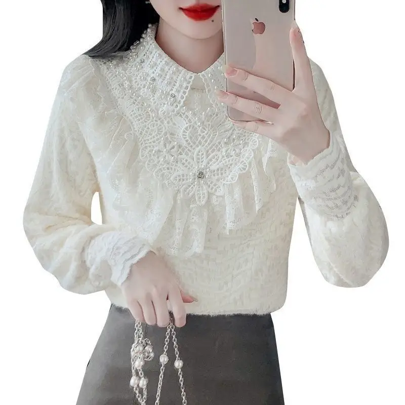 

Vintage Ruffled Edge Fleece-Lined Lace Blouse Women 2025 Autumn Winter Peter Pan Collar White Shirt Long Puff Sleeve Loose Tops