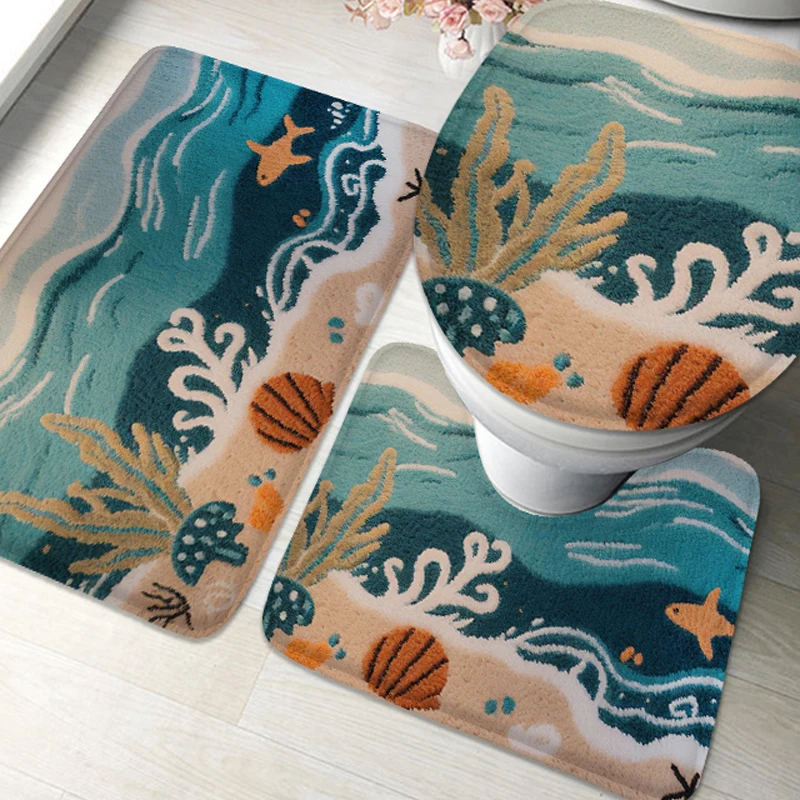 Ocean Landscape 3pc Bathroom Set Plush Rug Non-Slip Shower Cover U-Form Absorbing Floor Pad