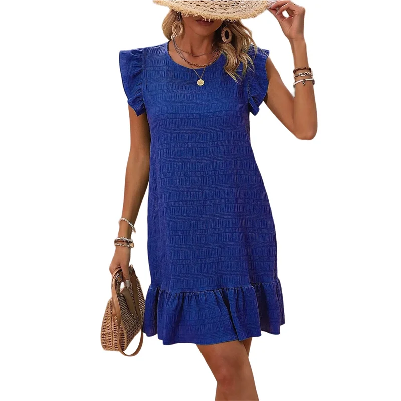 A83F-Vestiti estivi da donna, girocollo, maniche ad aletta, orlo con volant, mini abito grembiule casual