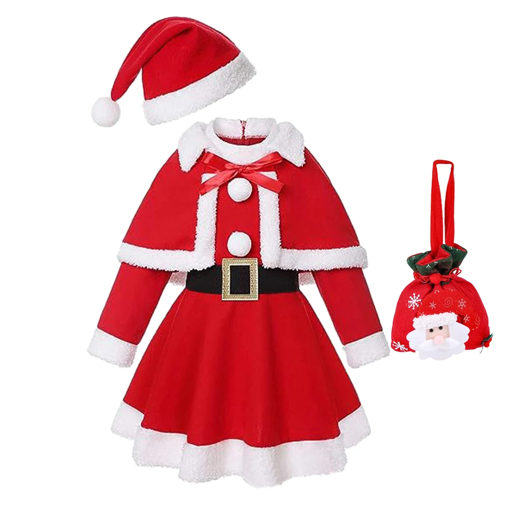 2024 Kids Christmas Santa Claus Dress Costume Elf Cosplay Carnival Party New Year Fancy Dress Clothes Set For Girls