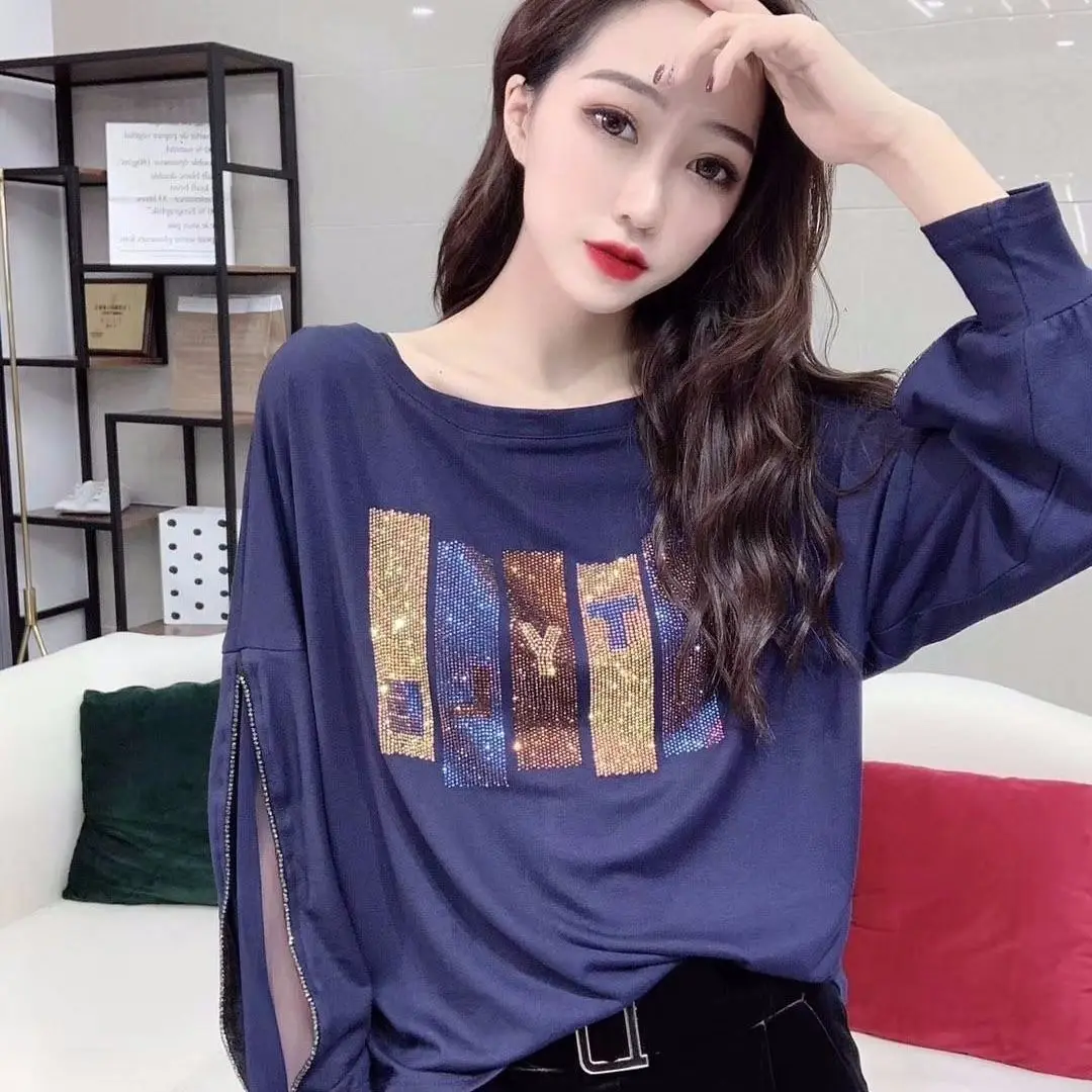 Tee Black Tshirt Loose Rhinestone Clothing Glitter Sequin Woman T-shirt Mesh Top For Women Offer High Quality 2024 Polyester O