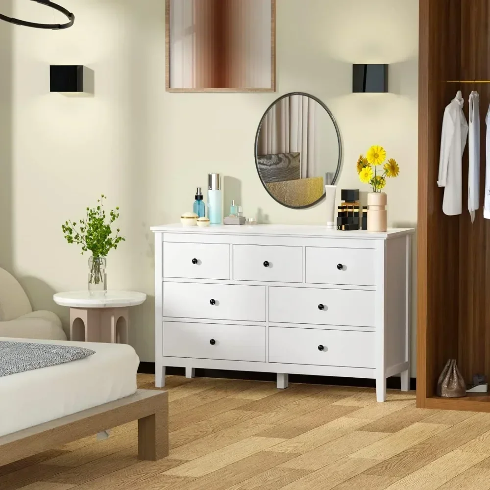 Dresser with 7 Drawers Double Dresser, Wide Drawer and Metal Handles, Wooden Dresser for Bedrooms, Hallways, Dressers