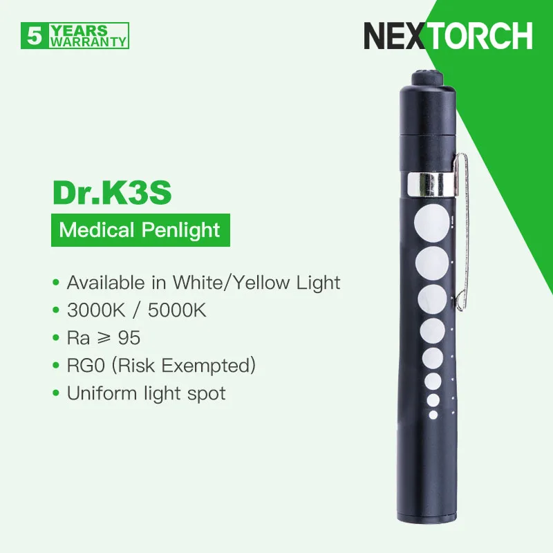 

Nextorch Dr.K3S Professional Medical/Doctor Penlight/Flashlight, Available in Natural White & Yellow Light, Ra ≥ 95, RG0 Safety