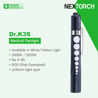 Nextorch Dr.K3S Professional Medical/Doctor Penlight/Flashlight, Available in Natural White & Yellow Light, Ra ≥ 95, RG0 Safety