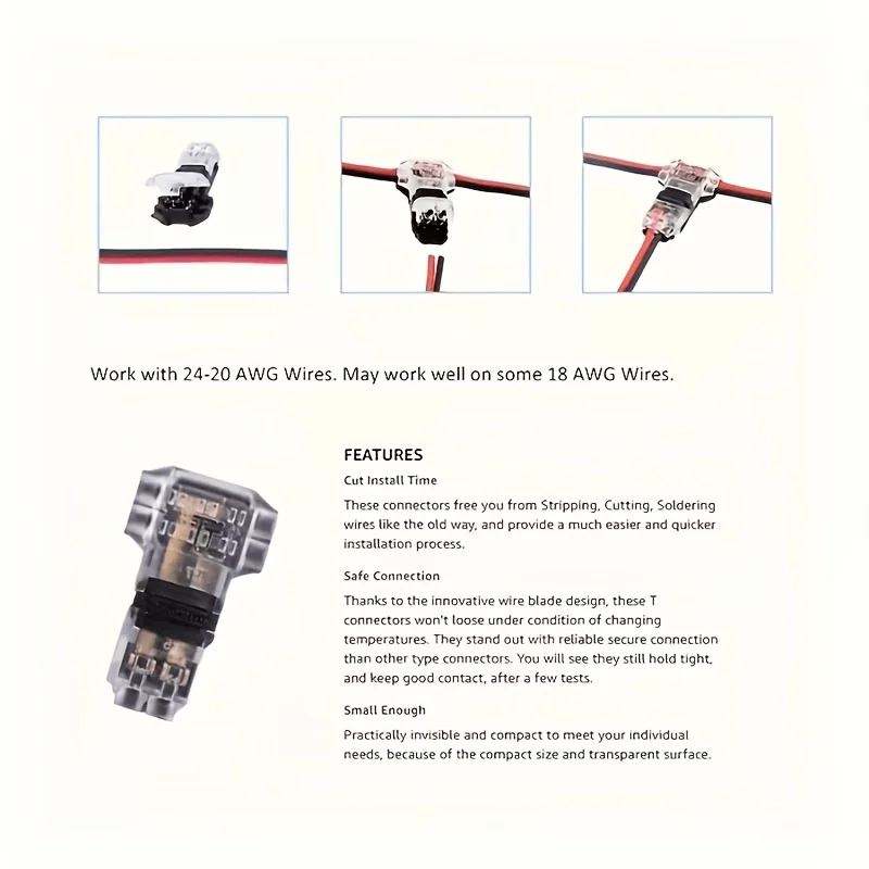 45pcs Heavy-Duty Solder-Free & Peel-Resistant T-Shaped 2-Pin Wire Connectors Compatible for LED Strips, Plug-and-Play Low-Voltag