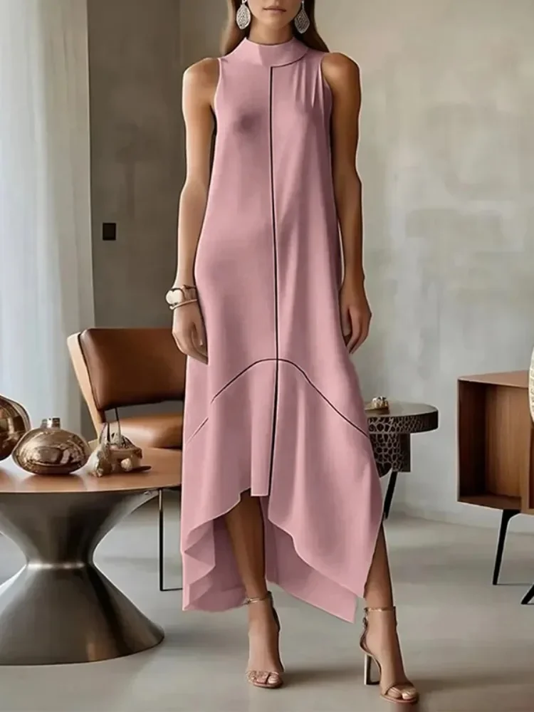 UOOZEE 2025 Neues urbanes weibliches Büro-formales High-Neck-Maxikleid, ärmellos, asymmetrisch, elegantes Party-Abschlussball-A-Linien-Kleid