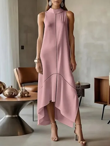 Imagen 2 del producto UOOZEE 2025 nuevo urbano femenino Oficina Formal cuello alto Maxi vestidos sin mangas asimétrico elegante fiesta graduación A-line vestido