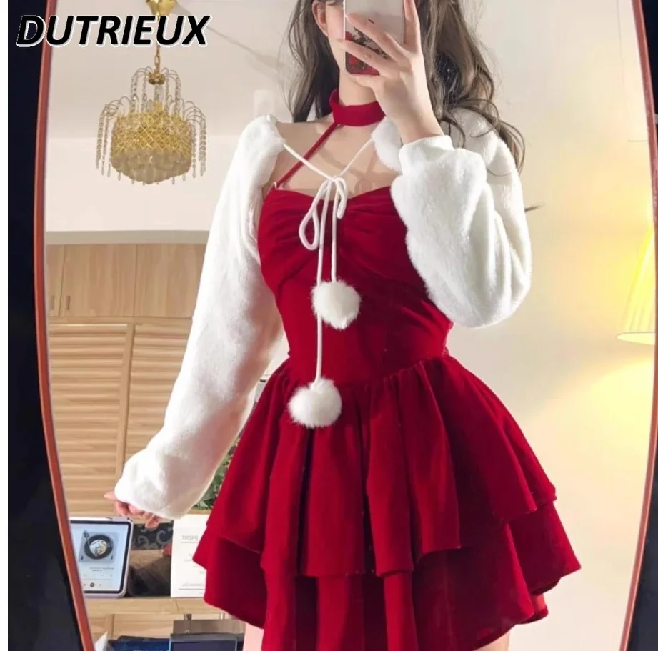 Autumn and Winter Christmas Elegant Outfits Halter Neck Dresses Sweet Cute White Coat and Dress Two-piece Set for Women