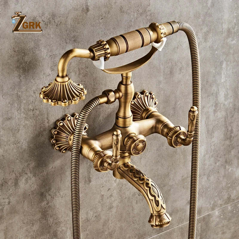 Antique Brass Bathtub Shower Faucets Set Wall Mounted Bath Shower Set Swivel Tub Spout Bath Shower Dual Control Carved Mixer Tap