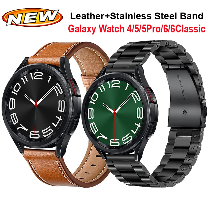 

Leather+Stainless Steel Strap For Samsung Galaxy Watch 4 6 Classic 47mm 43mm 42 46mm Bracelet Galaxy Watch 6 5 4 40 44MM 5Pro 45