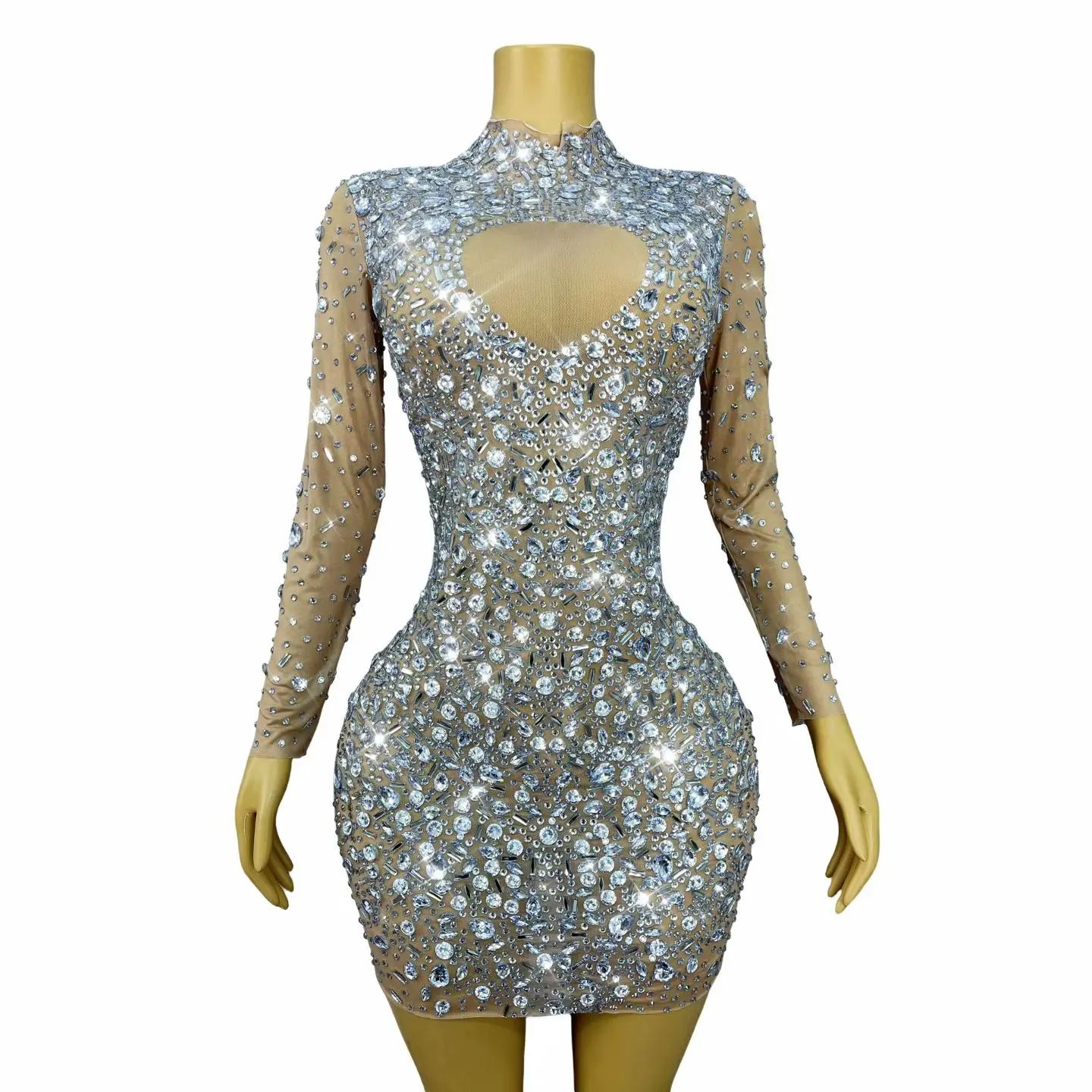 Cuican Luxury Silver Rhinestone Heart Cutout Mesh Mini Dress Long Sleeve Sheer Bodycon Party Dress For Women Night Event Outfit