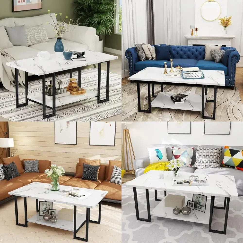 Rectangular Faux Marble Coffee Table with Black Metal Frame, 2 Tier Living Room Furniture for Modern Home Decor