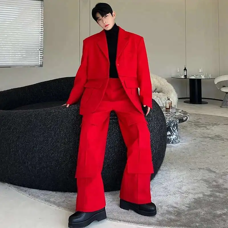 LUZHEN 2025 Spring Fashion New Loose Blazer Jacket Straight Casual Pants Men\'s Elegant Trendy Two-piece Sets Many Pockets Ad8405