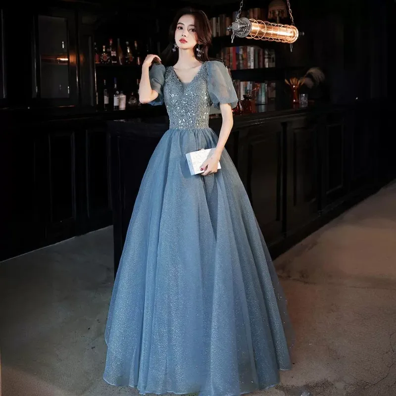 

2025 New Women's Summer Luxury Blue Sequin V-neck Evening Dress Fashionable and Sexy Banquet Slimming Dazzling Dress