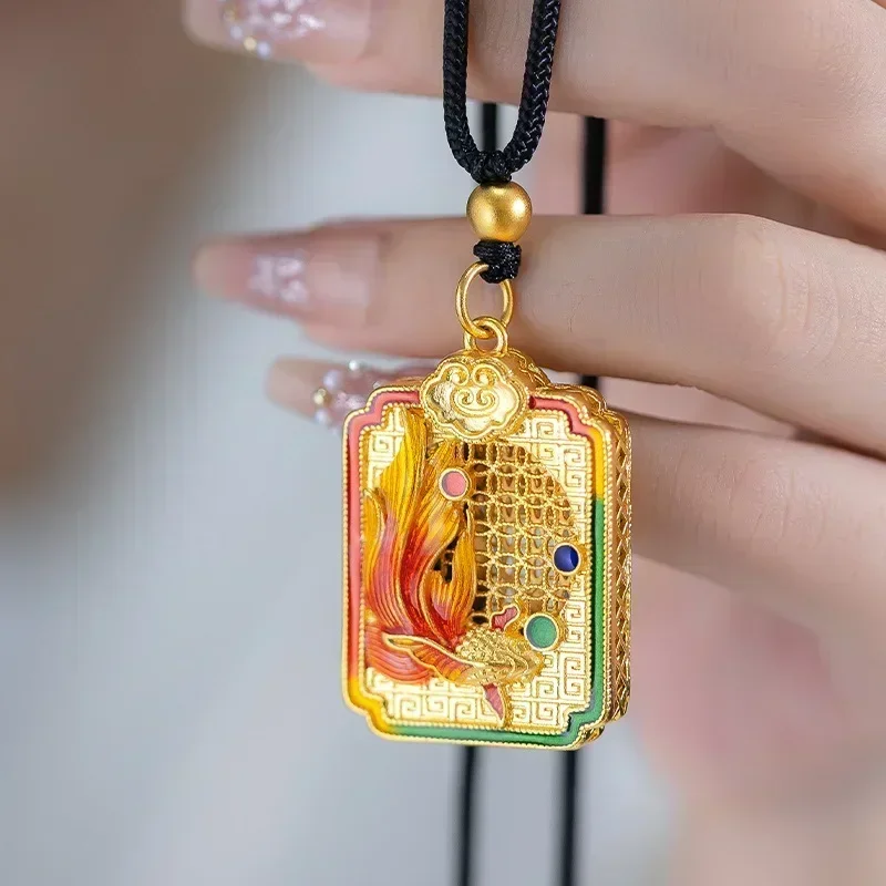 Eldorado Gold  9999 Real Gold 24K New Chinese-style annual goldfish pendant Ancient enamel lanyard sweater chain Retro goldfish