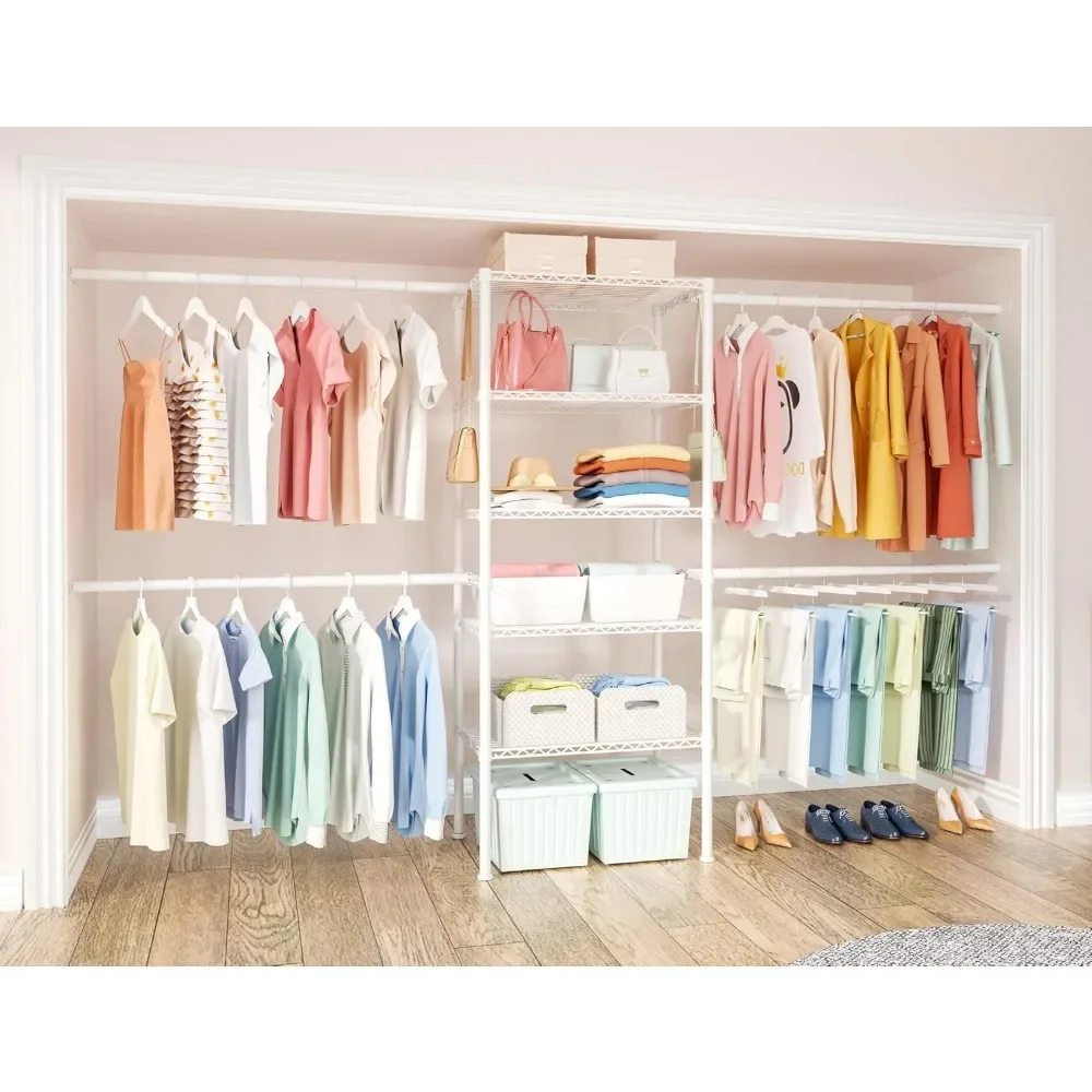 

Closet Organizer System, 5.9 Feet Height Mounted to the Wall Garment Rack with 4 Expandable Hanger Rods, 5 Shelves in