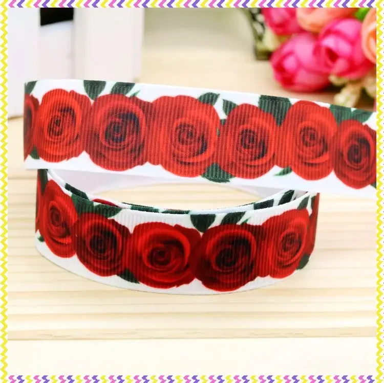 7/8''  flowers rose butter printed grosgrain ribbon hairbow headwear party decoration diy wholesale OEM 22mm D262