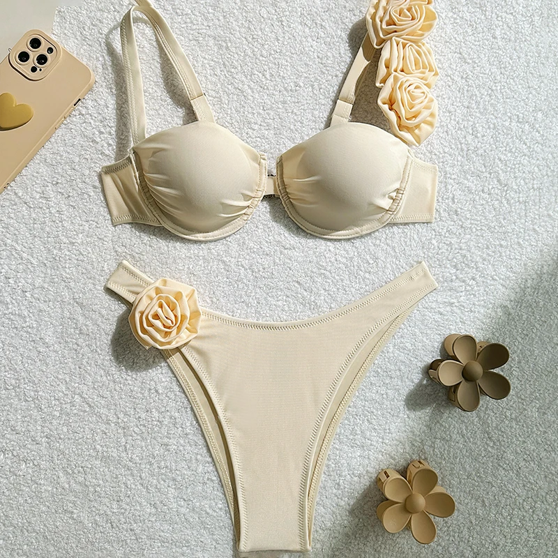 أنيق المرأة مثير بلون الأزهار Underwire رفع مجموعة البكيني قطعتين أزياء Ins ملابس بحر لقضاء عطلة الصيف