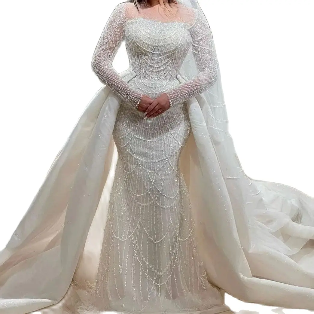 Exquisito Vestido De Novia De manga larga, Vestido De Novia con lentejuelas brillantes, perlas, cuentas, encaje 3D, tren desmontable