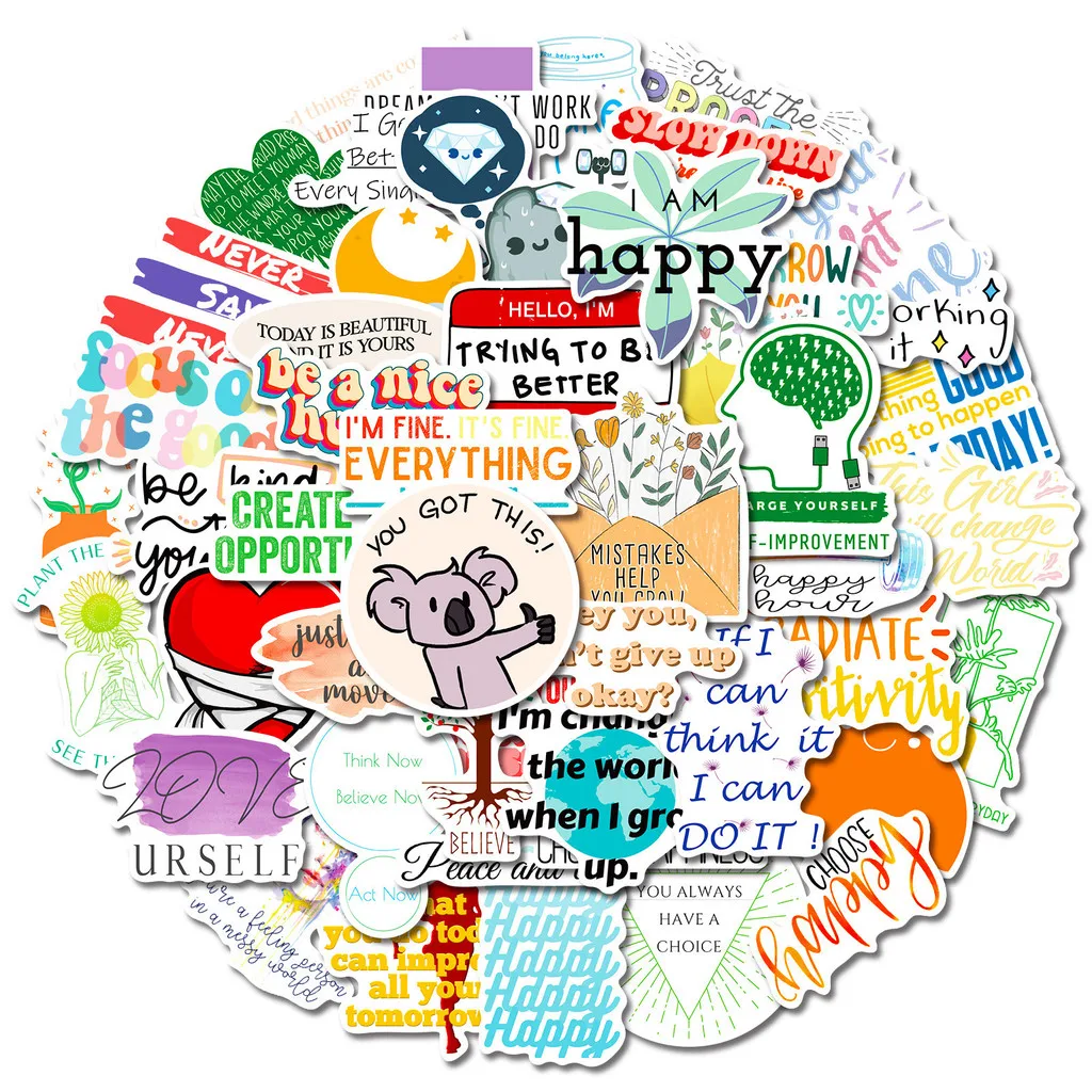 50Pcs Inspirational Text Stickers, Colorful English Letter Decals for Pencil Case & Wall DIY Decor Papery Pop Store