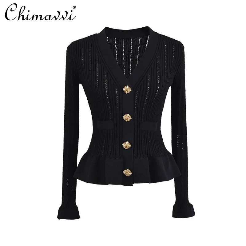 

French V-neck Diamond Buckle Ruffle Edge Horn Sleeve Slim-fit Knitted Cardigan Short Jacket