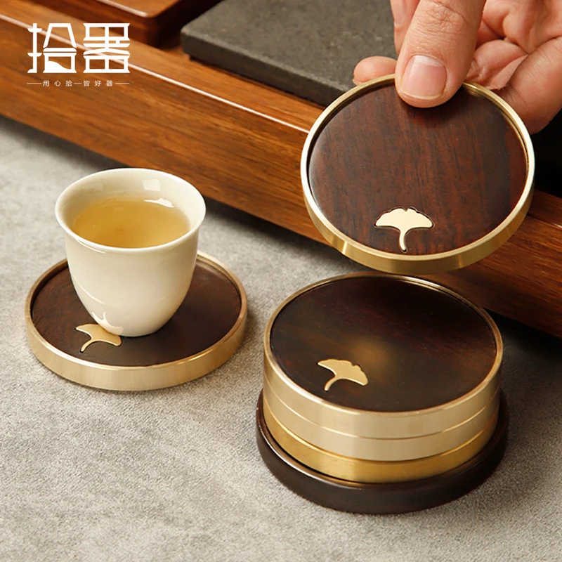 

Japanese heat insulation cup pad brass ebony tea cup holder solid wood tea pad household anti scalding combination