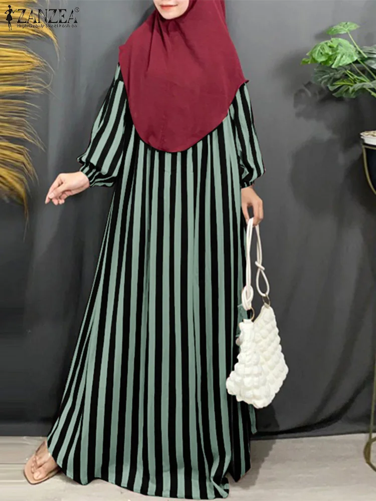 

ZANZEA Fashion Autumn Long Sleeve Islamic Robe Muslim Dresses Turkey Abaya Women Striped Maxi Sundress Ramadan Hijab Vestidos