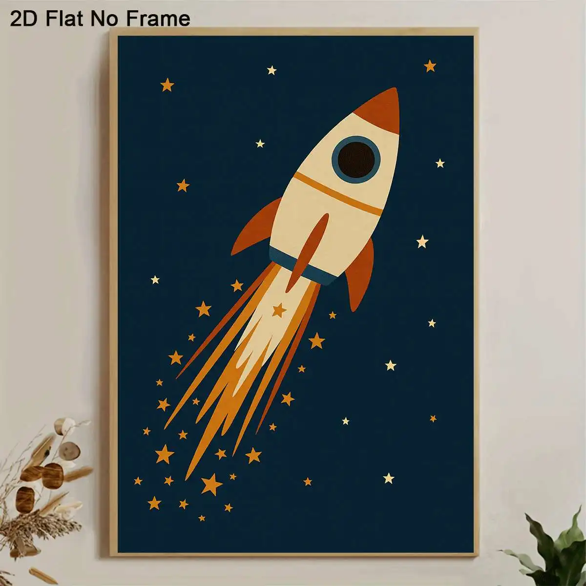 2D Flat, 1pc Frameless Canvas Poster,  Rocket Launching into Space with Stars, Space Exploration Theme, Wall Art Canvas Paint