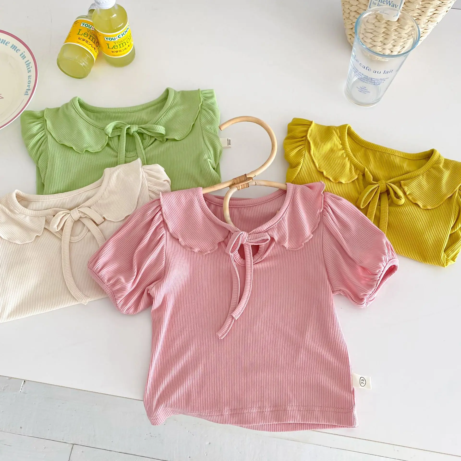 Baby Girls Short Sleeved T-shirt Kids Doll Top Tees Toddler Solid Color Shirts 2024 Summer Children's Clothing Korean Style