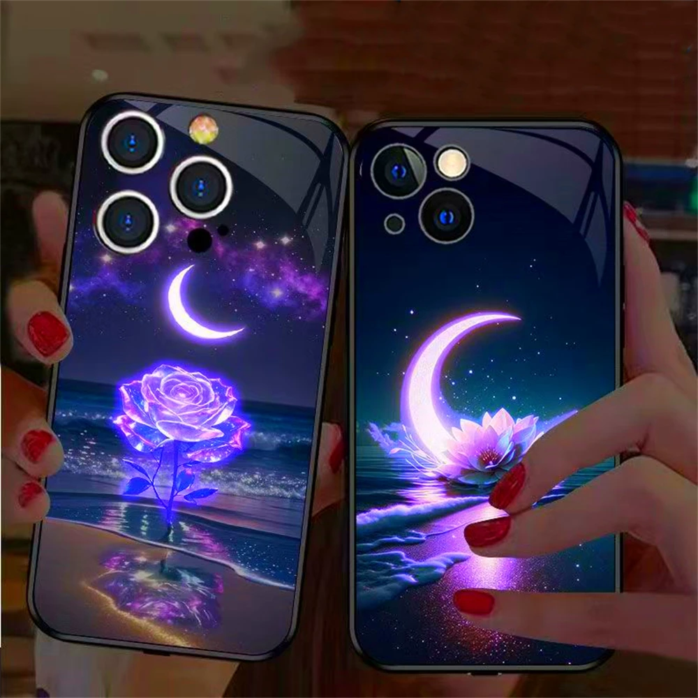 Moonlight Rose Beleuchtete Blitz-Sprach-Smart-Control-Glas-LED-Handyhülle für iPhone Air 18 17 16 E 15 14 13 12 11 Pro Max – Detail 18