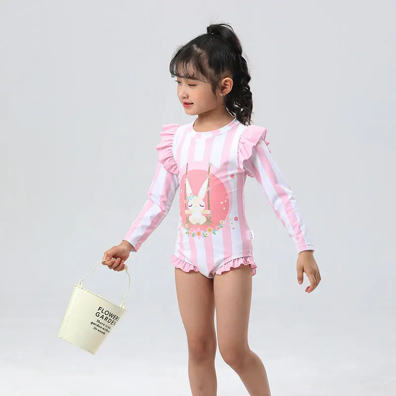 2pcs Summer New Girls\' Sleeveless Long Sleeve Bikini One Piece Sunscreen Swimwear Pink Rabbit Print Fleece Sleeves with Hat