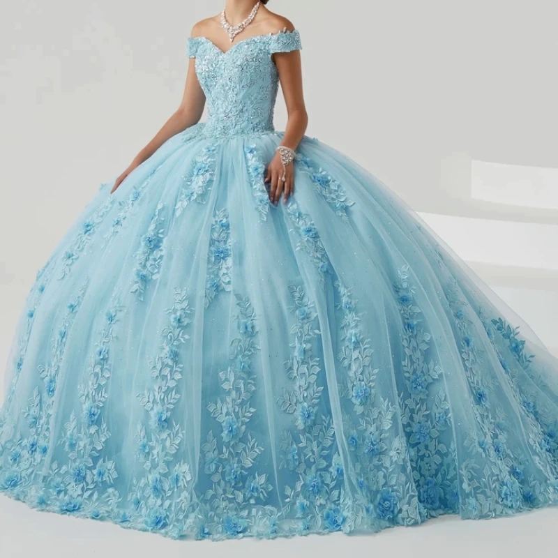 

Sky Blue Quinceanera Dress Ball Gown Off The Shoulder 3D Floral Applique Beaded Crystals Tull Sweet 16 Vestidos De XV 15 Anos