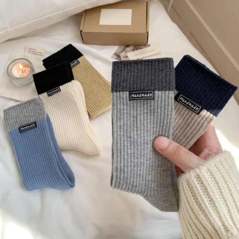 9 Pairs 2025 Fall Winter Color-Blocked Women's Mid-Calf Socks Casual Simple Cotton Socks Ladies Black Warm Socks High Quality