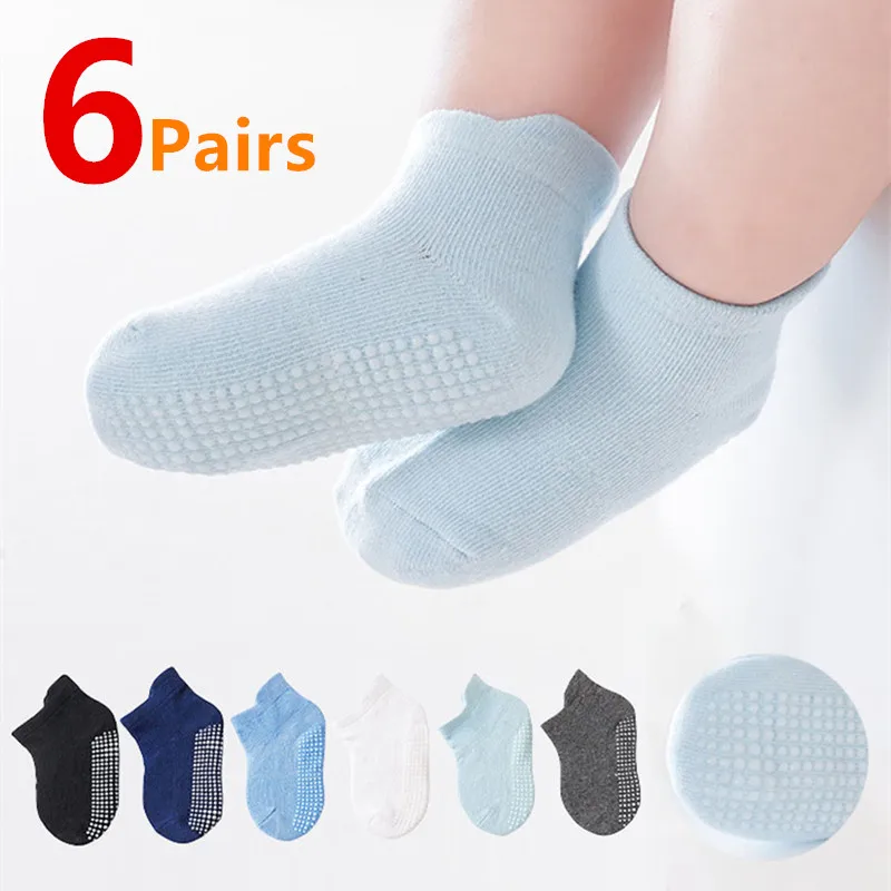 6Pairs/Lot Cotton Kids Anti-Slip Boat Socks Casual Baby Boys Girls Sock Floor Children Socken With Rubber Grips For 0-5Years