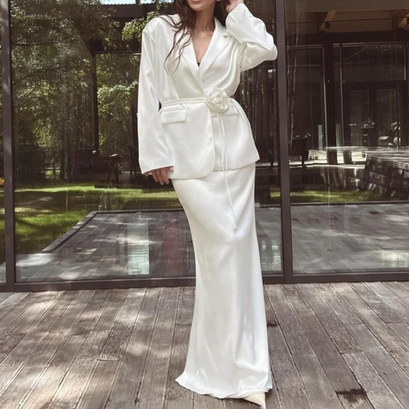 

Premium Satin Long Sleeve Tie White Blazer Skirt Two-piece Temperament Commuter Skirt Set