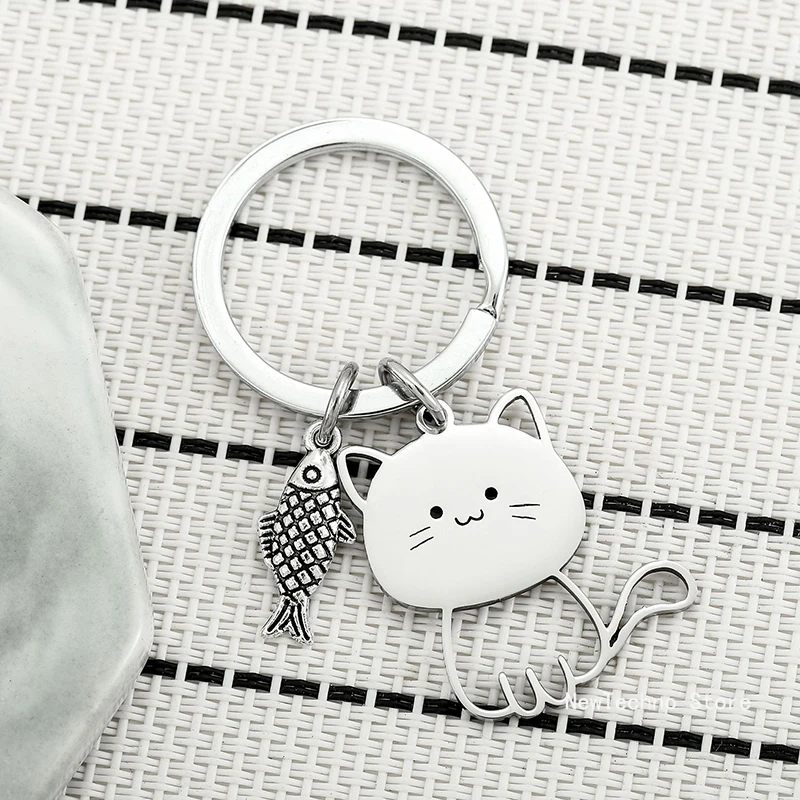 Funny Cartoon Cat Fish Keychain Couple Lovers Stainless Steel Keyring Lovely Pendant Key Chain Valentine's Day Gift Jewelry