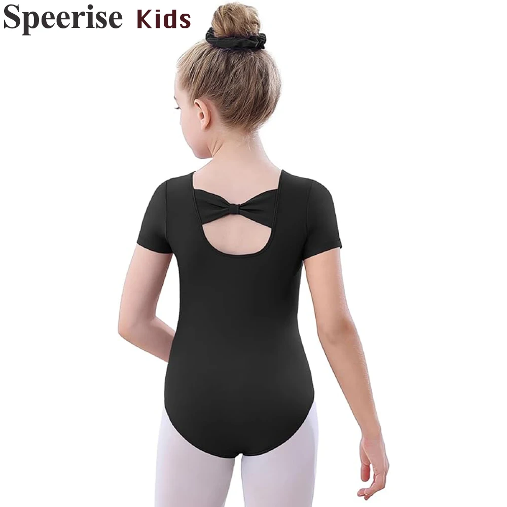 

Speerise Kids Spandex Ballet Costumes Leotard Back Bow Hollowed Out for Girls Short Sleeved Gymnastics Suit Dance Clothes Child