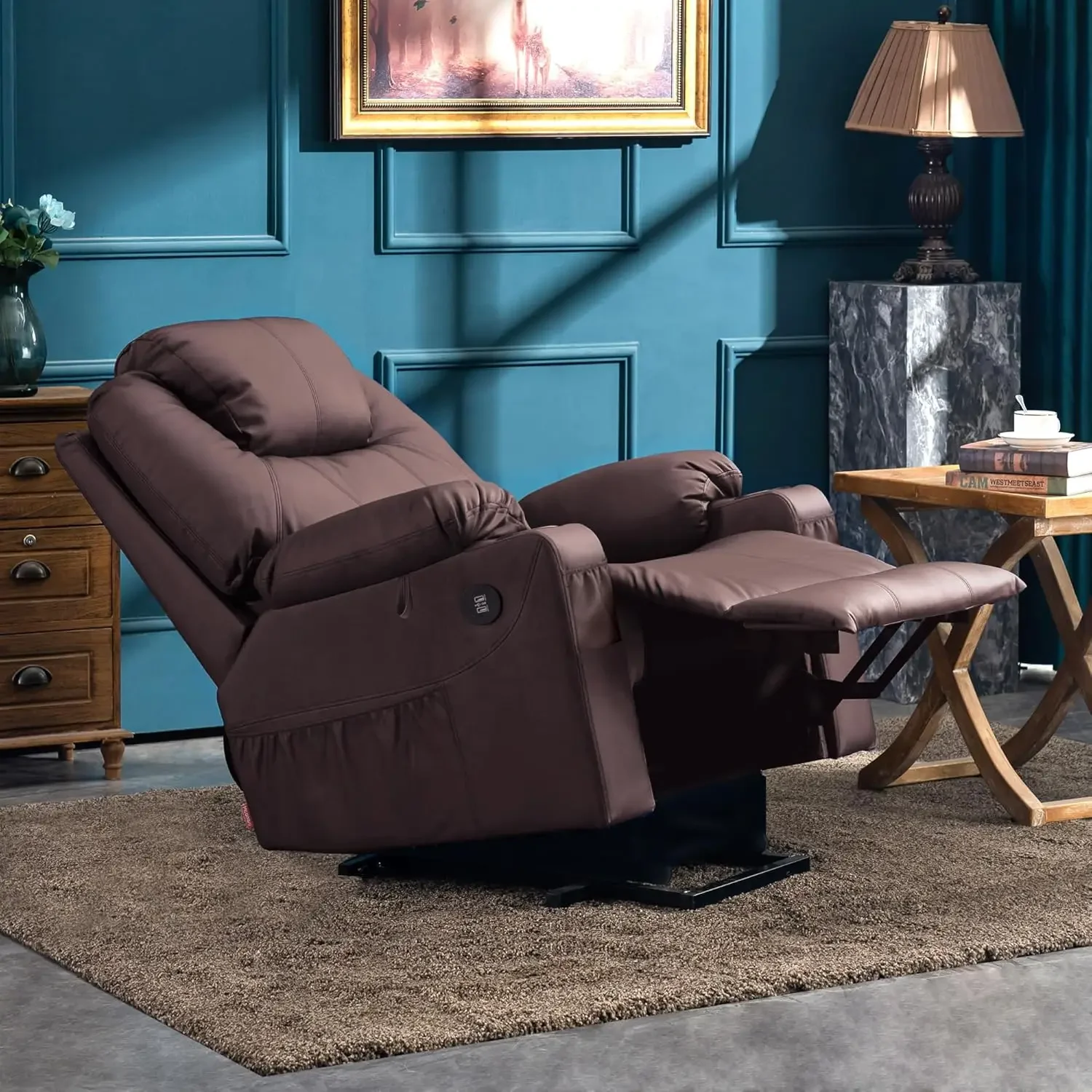 Electric Power Lift Recliner Chair Sofa with Massage and Heat for Elderly 3 Positions 2 Side Pockets  and Cup Holders