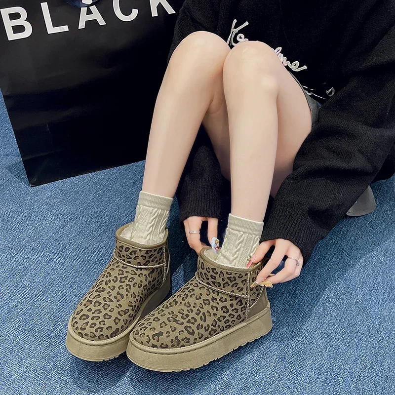 Women Leopard Print Shoes 2024 Winter New Comfortable Warm Women\'s Snow Boots Non-slip Wear-resistant Fashion Plush Short Boots