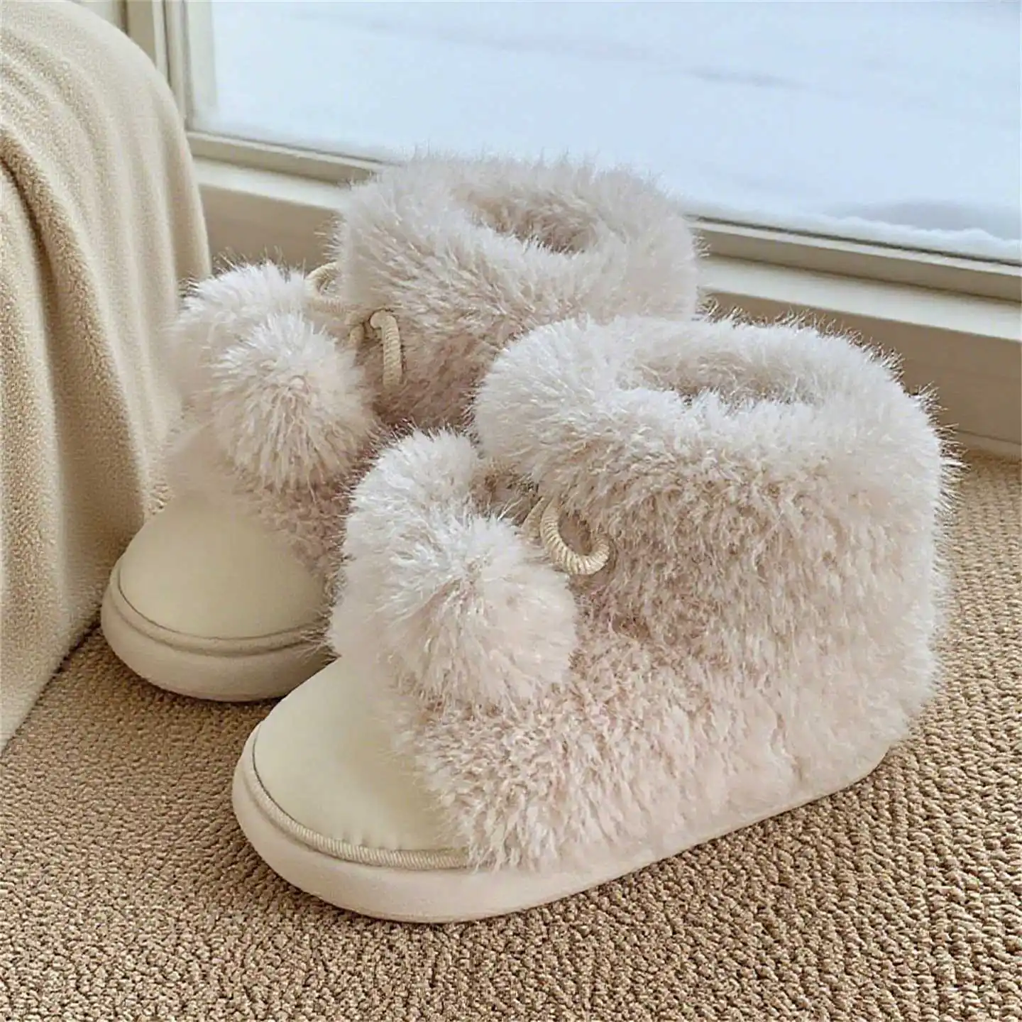 

2026 Winter Plush Warm Short Boots Korean Style Furball Snow Boots Girls Sweet Thick Bottom Casual Boots Students Cotton Shoes