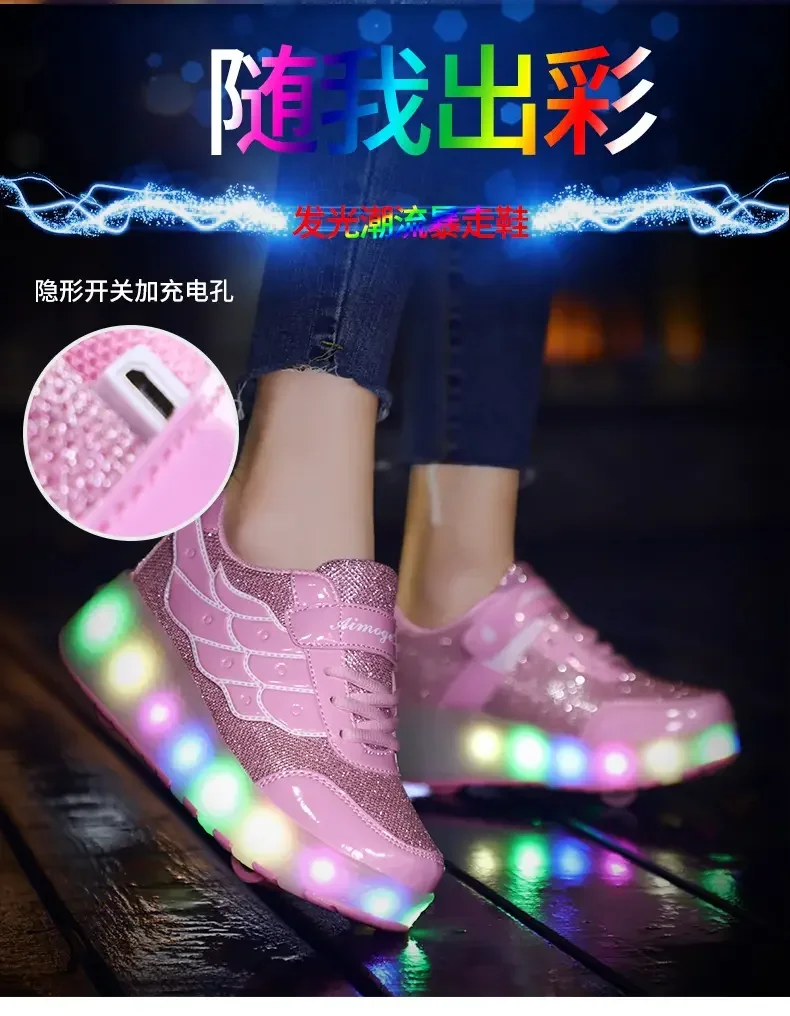 Kids LED roller sports shoes glowing luminous light up usb sneakers Two wheels kids rollers skate shoes for boy girls Flash