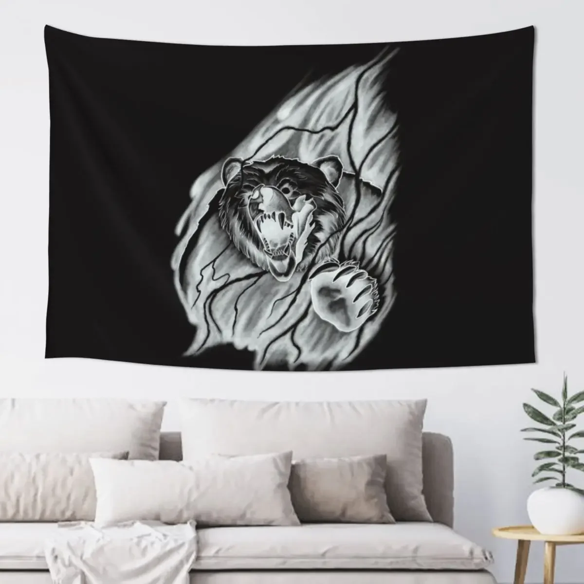 Roaring Bear breaking through the Mist in a Lightning Storm Tattoo Design Tapestry Home Decorations Tapestry