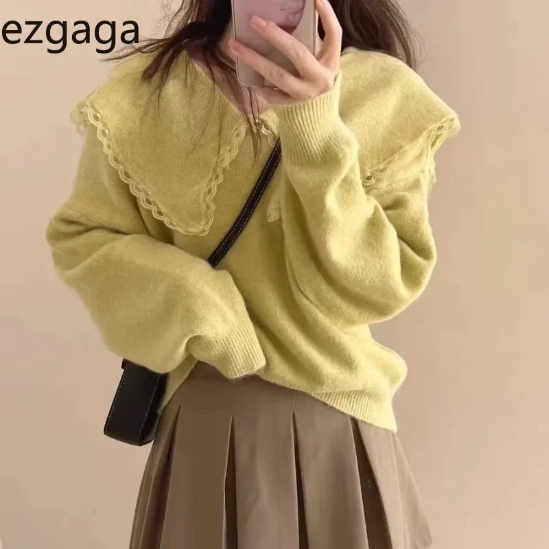 Ezgaga Knitted Sweater Women Peter Pan Collar Lace Patchwork Autumn Winter Loose Pullover Sweet Elegant Ladies Jumper