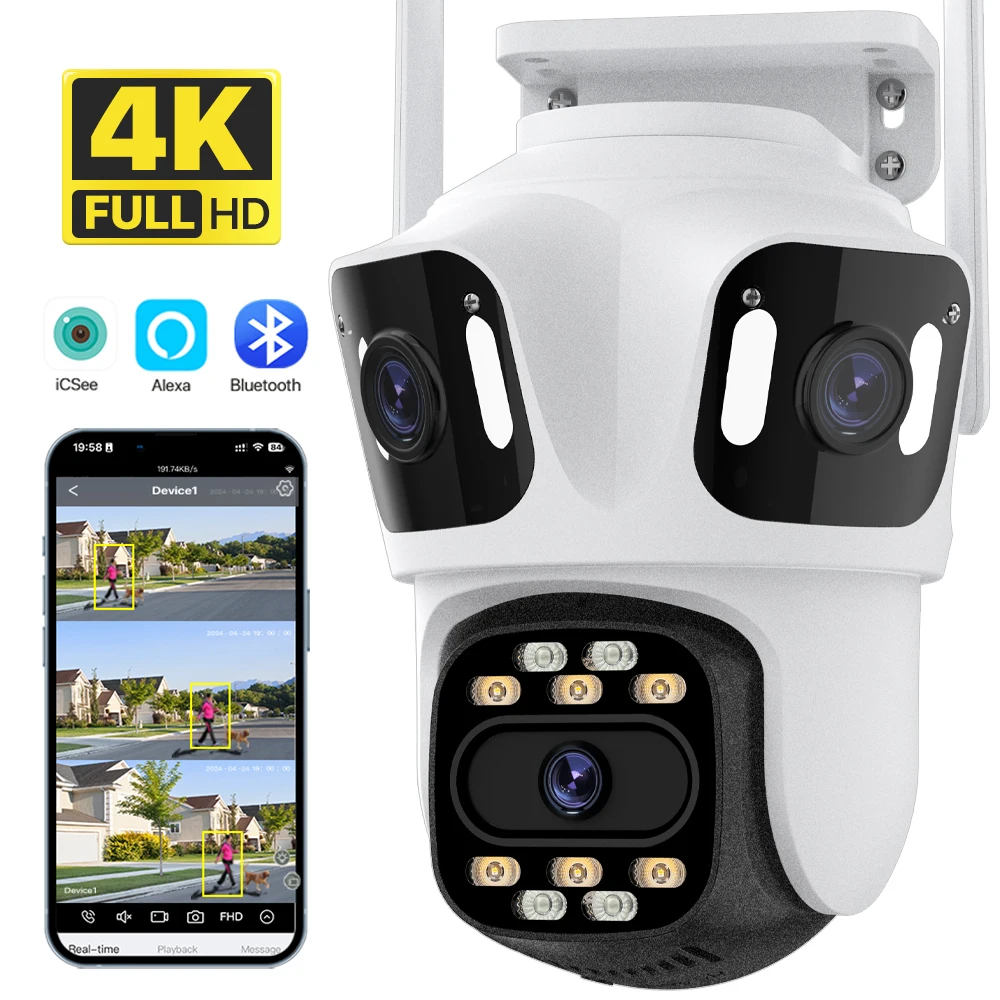 Three Lens Wifi IP Camera 4K HD Outdoor Wireless Security CCTV Camera AI Detect Auto Tracking P2P Surveillance iCSee APP