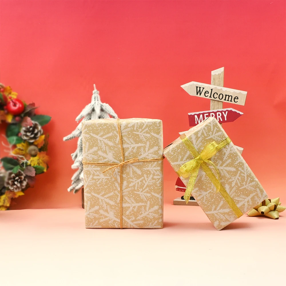 1 Roll Christmas Wrapping Paper Roll, Vintage Kraft Wrapping Paper, 17 Inch x 49 Feet, White Pine Branches Design Gift Wrapping