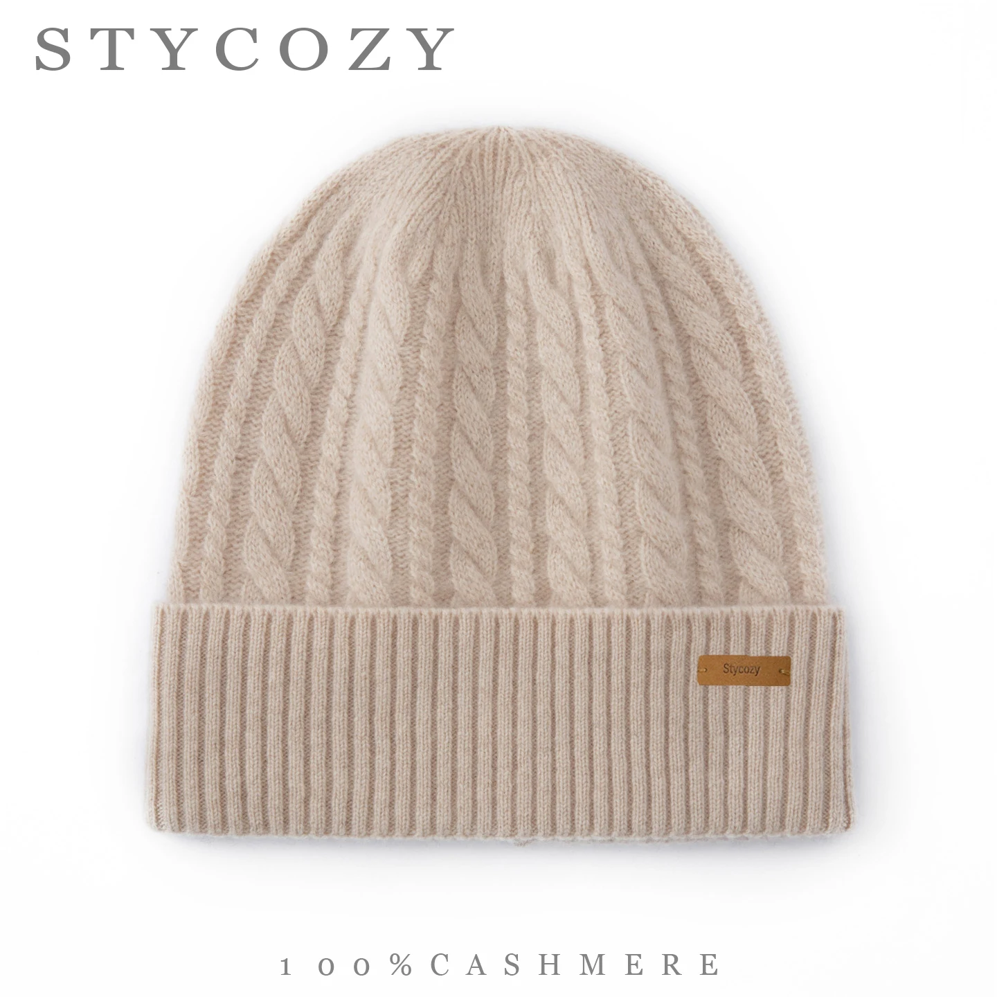 Beanie Cuffed Knit - 100％カシミヤ素材のケーブル編みニット帽。厚手で暖かく、袖口が付いたデザイン。冬の寒さ対策に最適な、女性用カジュアルな無地の柔らかい帽子。