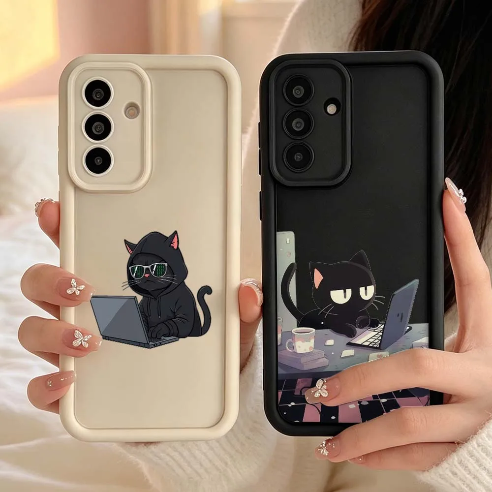Cartoon Black Cat Hacker Cover For Samsung Galaxy A04 M17 A57 A06 A07 A17 A26 A36 A14 A15 A16 Eye Ladder Phone Case